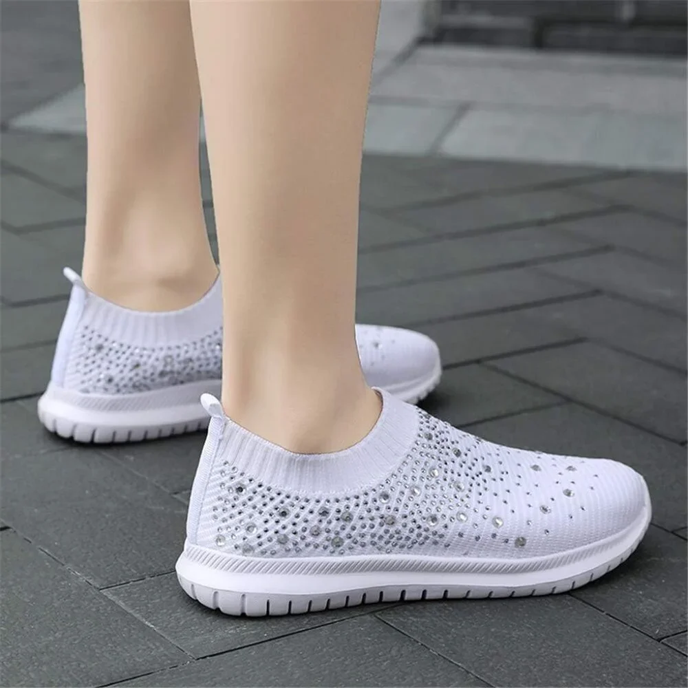 Women's Mesh Walking Shoes Rhinestone Glitter Slip On Ballroom Sneakers White